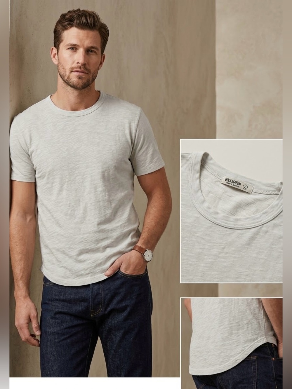 Buck Mason Men’s Slub Cotton Curved Hem Crewneck Tee Cream Size Large